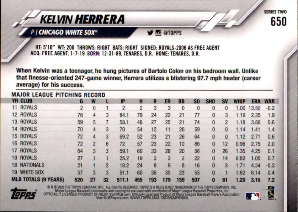 2020 Topps #650 Kelvin Herrera NM-MT Chicago White Sox Baseball Card - Baseball Card Single