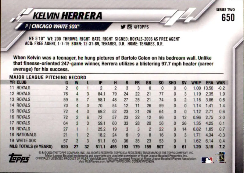 2020 Topps #650 Kelvin Herrera NM-MT Chicago White Sox Baseball Card - Baseball Card Single