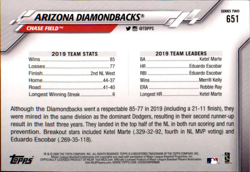 2020 Topps #651 Arizona Diamondbacks NM-MT Arizona Diamondbacks Baseball Card - Baseball Card Single
