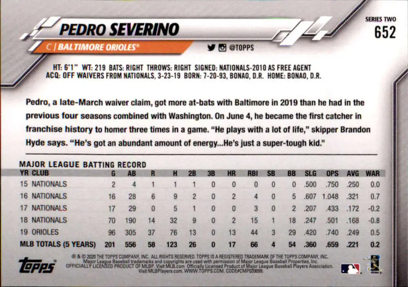 2020 Topps #652 Pedro Severino NM-MT Baltimore Orioles Baseball Card - Baseball Card Single
