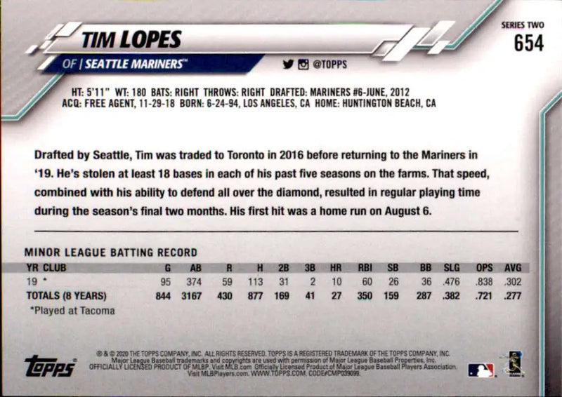 2020 Topps #654 Tim Lopes NM-MT RC Rookie Seattle Mariners Baseball Card - Baseball Card Single
