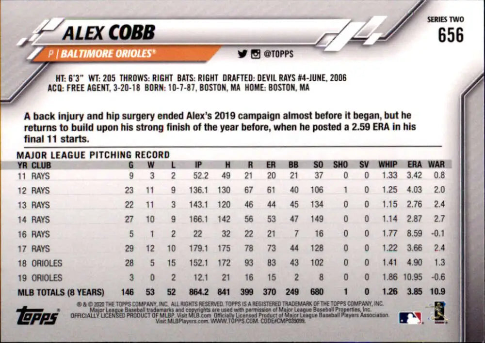 2020 Topps #656 Alex Cobb NM-MT Baltimore Orioles Baseball Card - Baseball Card Single