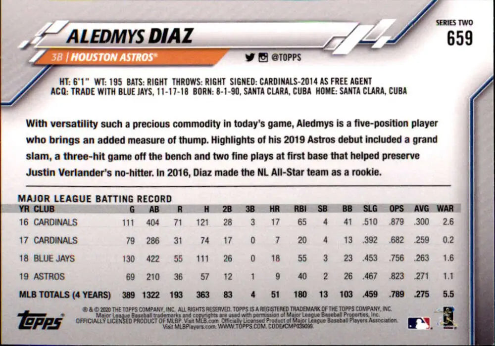2020 Topps #659 Aledmys Diaz NM-MT Houston Astros Baseball Card - Baseball Card Single