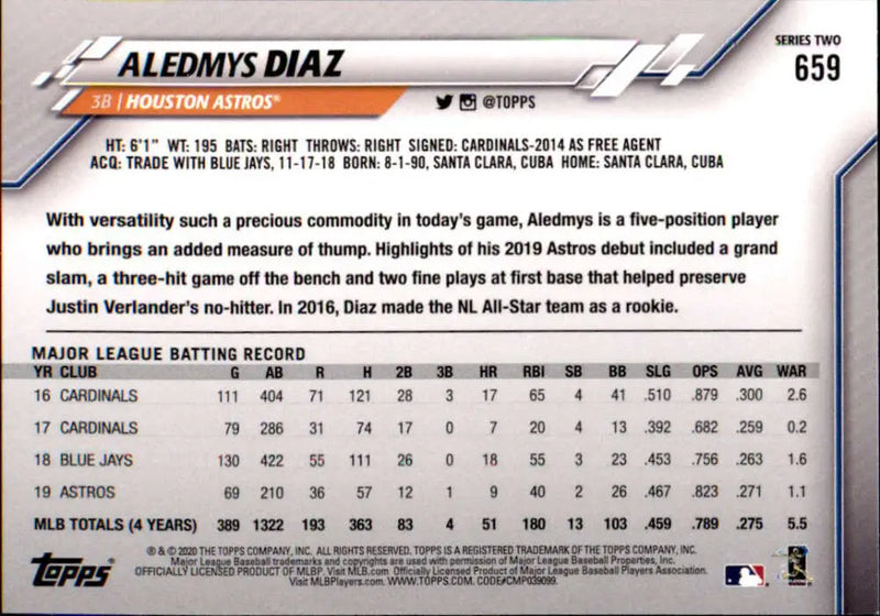 2020 Topps #659 Aledmys Diaz NM-MT Houston Astros Baseball Card - Baseball Card Single