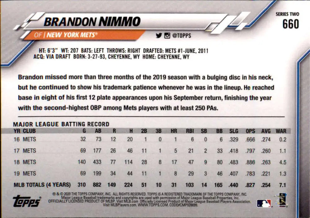 2020 Topps #660 Brandon Nimmo NM-MT New York Mets Baseball Card - Baseball Card Single