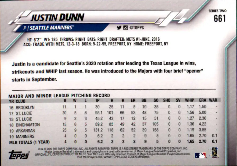 2020 Topps #661 Justin Dunn NM-MT RC Rookie Seattle Mariners Baseball Card - Baseball Card Single