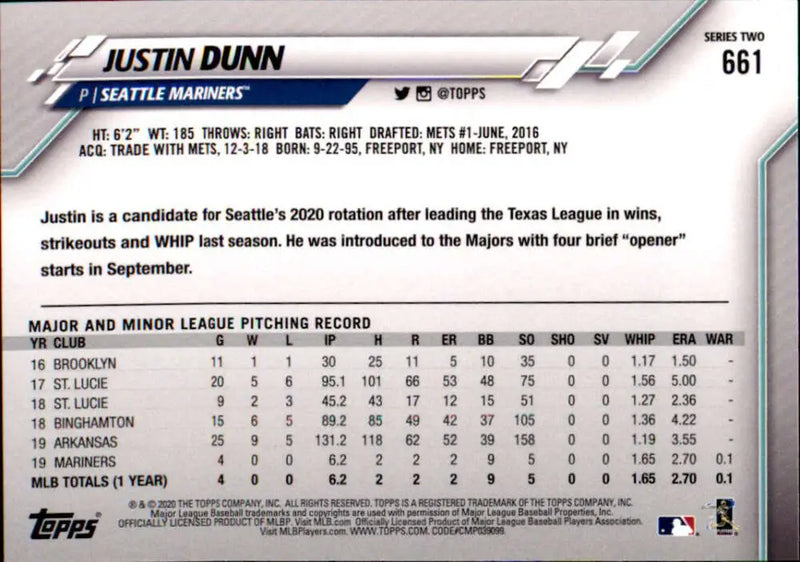 2020 Topps #661 Justin Dunn NM-MT RC Rookie Seattle Mariners Baseball Card - Baseball Card Single