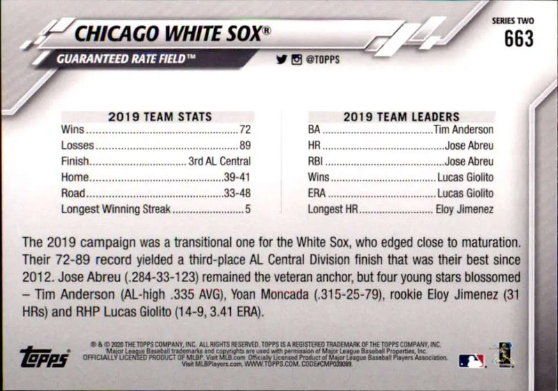 2020 Topps #663 Chicago White Sox NM-MT Chicago White Sox Baseball Card - Baseball Card Single
