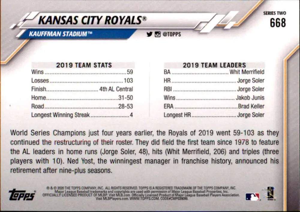 2020 Topps #668 Kansas City Royals NM-MT Kansas City Royals Baseball Card - Baseball Card Single