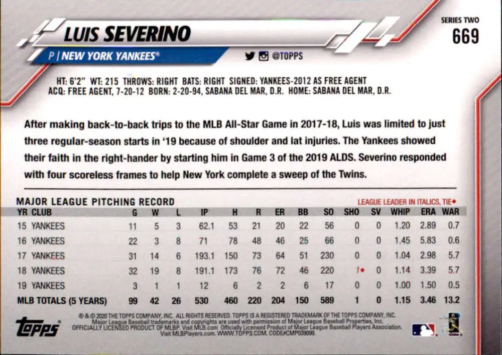 2020 Topps #669 Luis Severino NM-MT New York Yankees Baseball Card - Baseball Card Single