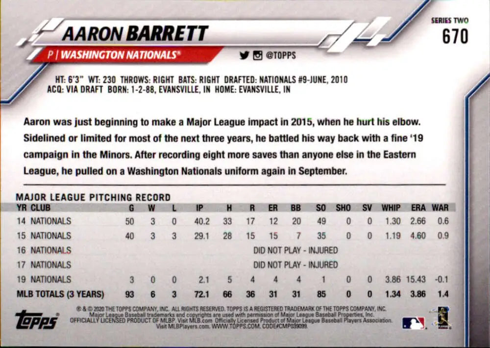 2020 Topps #670 Aaron Barrett NM-MT Washington Nationals Baseball Card - Baseball Card Single