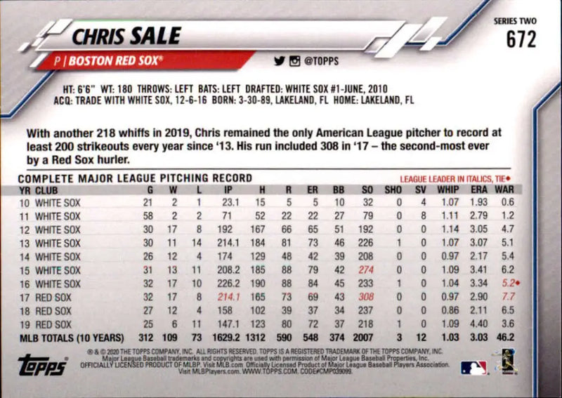 2020 Topps #672 Chris Sale NM-MT Boston Red Sox Baseball Card - Baseball Card Single