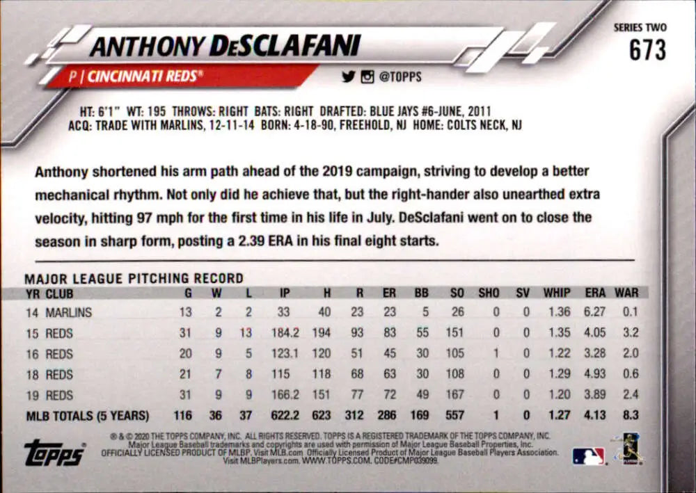 2020 Topps #673 Anthony DeSclafani NM-MT Cincinnati Reds Baseball Card - Baseball Card Single
