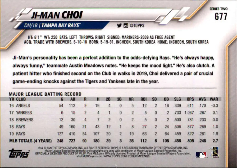 2020 Topps #677 Ji-Man Choi NM-MT Tampa Bay Rays Baseball Card - Baseball Card Single
