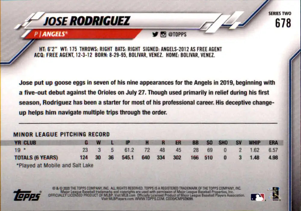 2020 Topps #678 Jose Rodriguez NM-MT RC Rookie Los Angeles Angels Baseball Card - Baseball Card Single