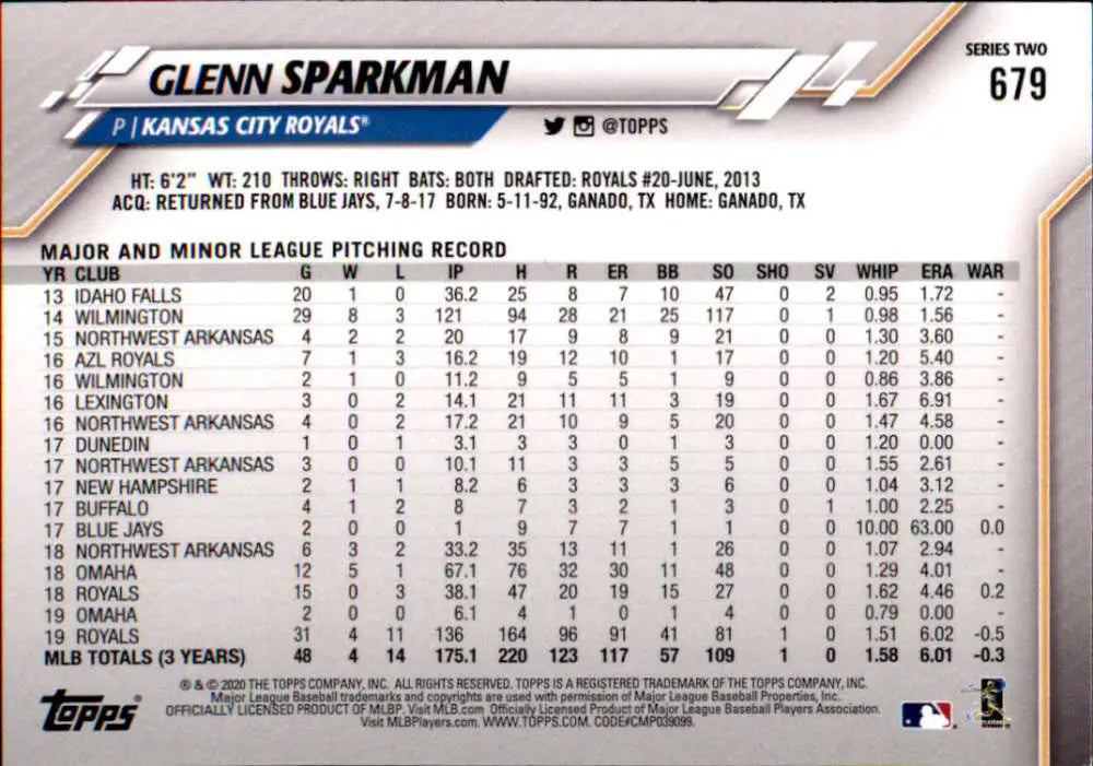 2020 Topps #679 Glenn Sparkman NM-MT Kansas City Royals Baseball Card - Baseball Card Single