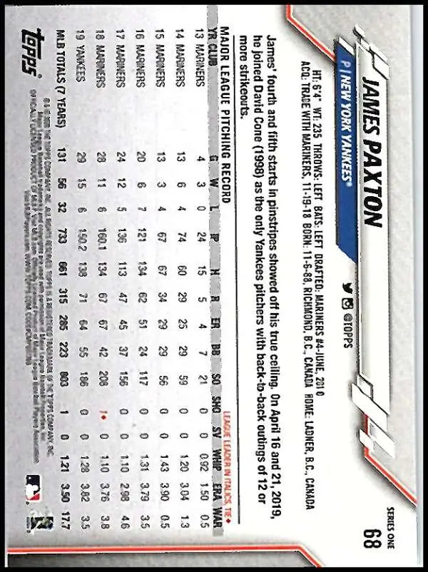 2020 Topps #68 James Paxton NM-MT New York Yankees Baseball Card - Baseball Card Single