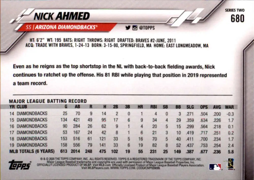 2020 Topps #680 Nick Ahmed NM-MT Arizona Diamondbacks Baseball Card - Baseball Card Single