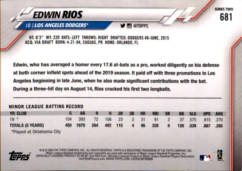 2020 Topps #681 Edwin Rios NM-MT RC Rookie Los Angeles Dodgers Baseball Card - Baseball Card Single