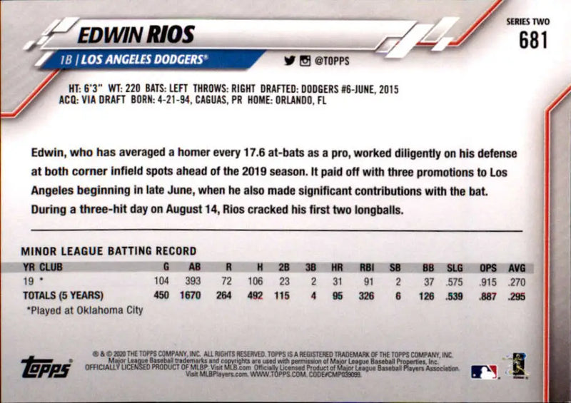 2020 Topps #681 Edwin Rios NM-MT RC Rookie Los Angeles Dodgers Baseball Card - Baseball Card Single