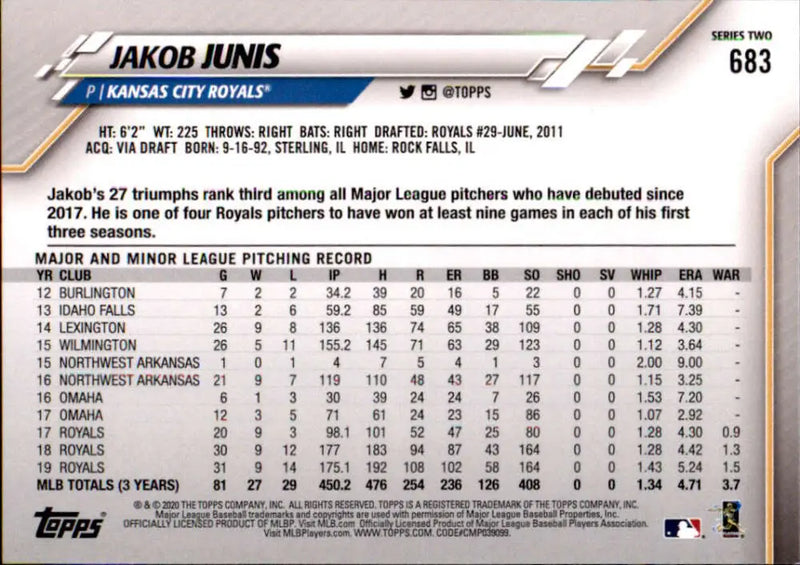 2020 Topps #683 Jakob Junis NM-MT Kansas City Royals Baseball Card - Baseball Card Single