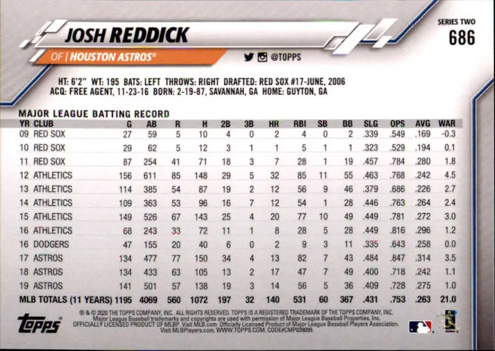 2020 Topps #686 Josh Reddick NM-MT Houston Astros Baseball Card - Baseball Card Single