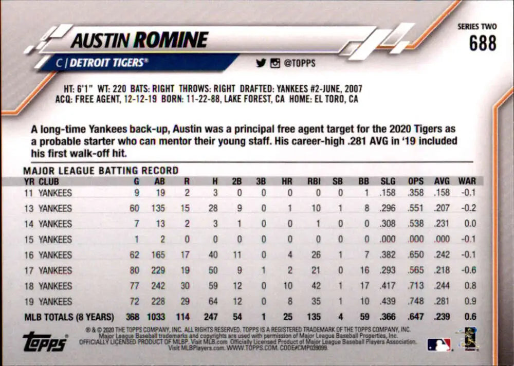 2020 Topps #688 Austin Romine NM-MT Detroit Tigers Baseball Card - Baseball Card Single