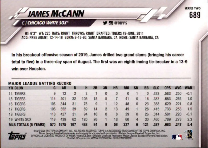 2020 Topps #689 James McCann NM-MT Chicago White Sox Baseball Card - Baseball Card Single