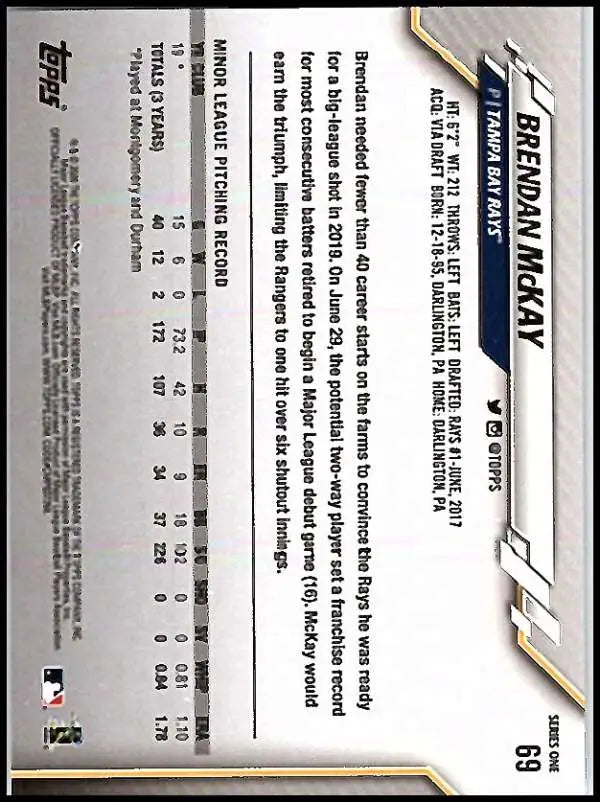 2020 Topps #69 Brendan McKay NM-MT RC Rookie Tampa Bay Rays Baseball Card - Baseball Card Single