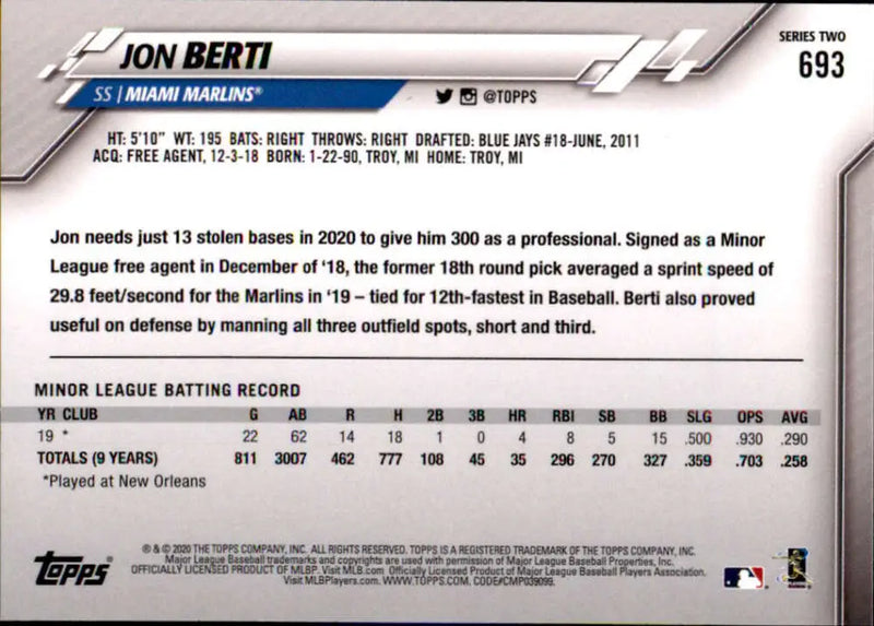 2020 Topps #693 Jon Berti NM-MT RC Rookie Miami Marlins Baseball Card - Baseball Card Single