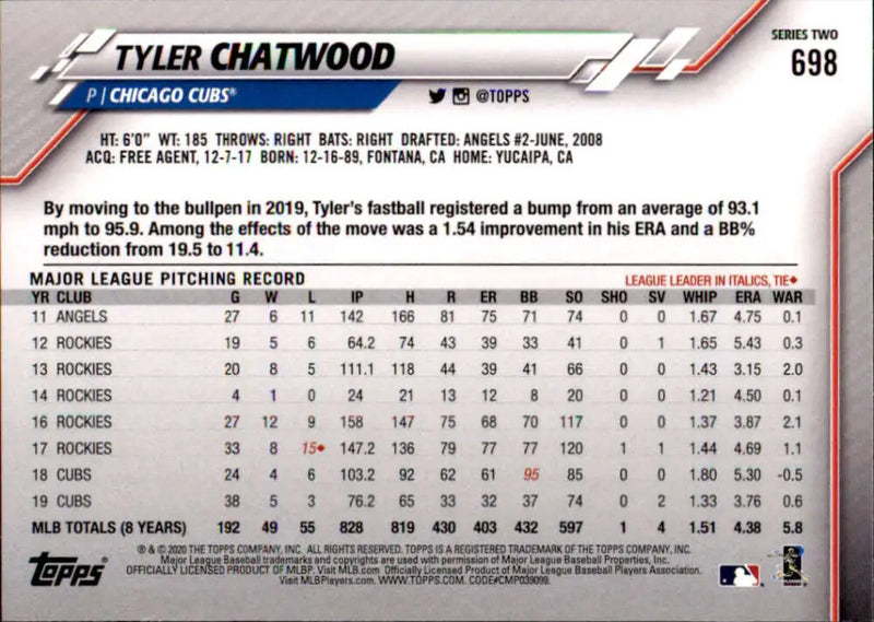2020 Topps #698 Tyler Chatwood NM-MT Chicago Cubs Baseball Card - Baseball Card Single