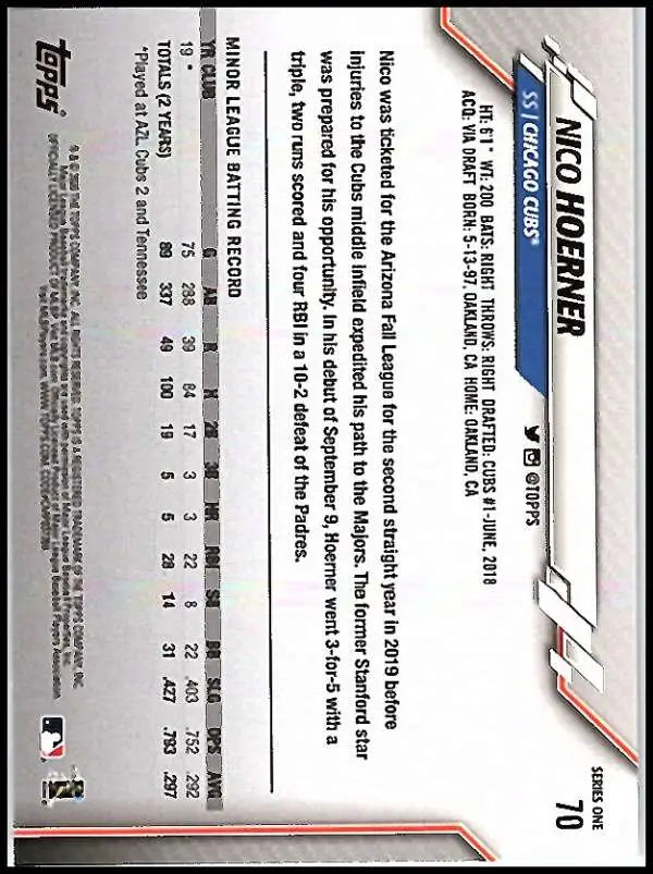 2020 Topps #70 Nico Hoerner NM-MT RC Rookie Chicago Cubs Baseball Card - Baseball Card Single