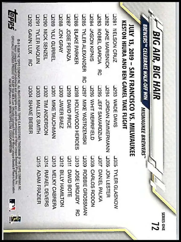 2020 Topps #72 Big Air Big Hair NM-MT Milwaukee Brewers Baseball Card - Baseball Card Single