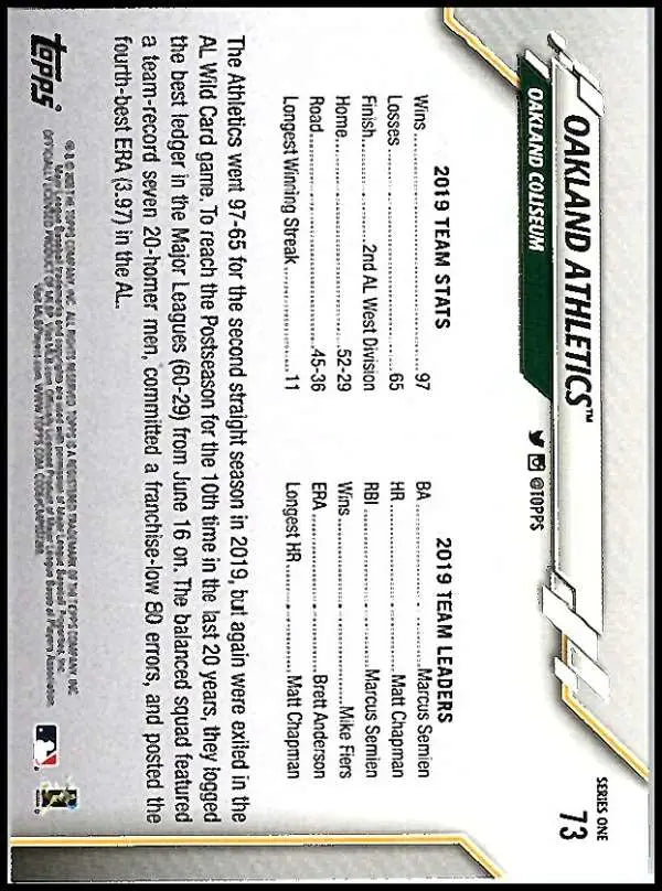 2020 Topps #73 Oakland Athletics NM-MT Baseball Card - Baseball Card Single