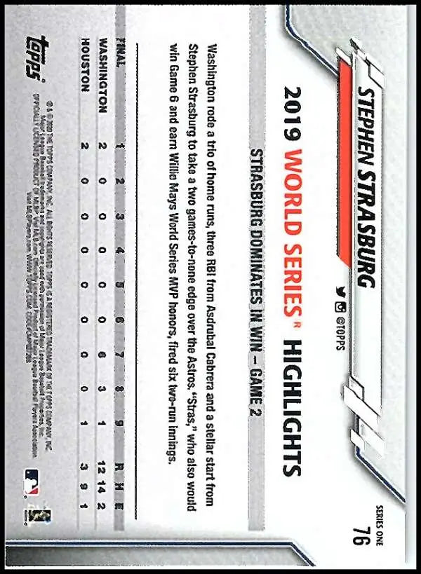 2020 Topps #76 Stephen Strasburg NM-MT Washington Nationals Baseball Card - Baseball Card Single