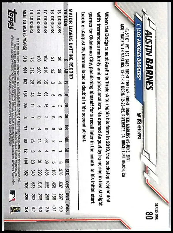 2020 Topps #80 Austin Barnes NM-MT Los Angeles Dodgers Baseball Card - Baseball Card Single