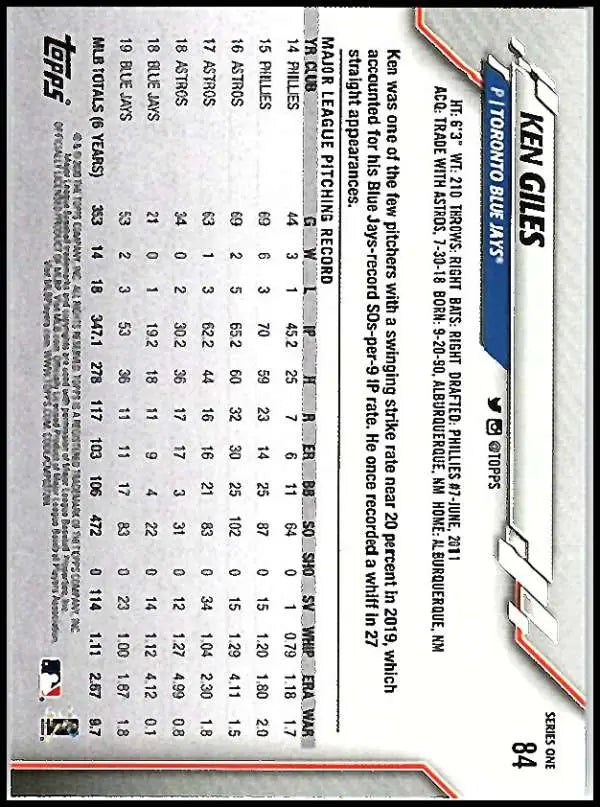2020 Topps #84 Ken Giles NM-MT Toronto Blue Jays Baseball Card - Baseball Card Single