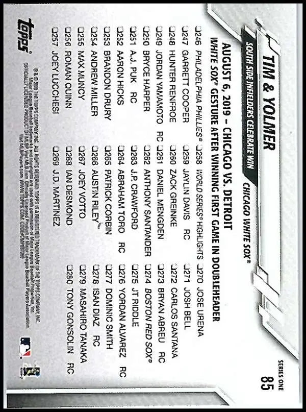 2020 Topps #85 Tim and Yolmer NM-MT Chicago White Sox Baseball Card - Baseball Card Single
