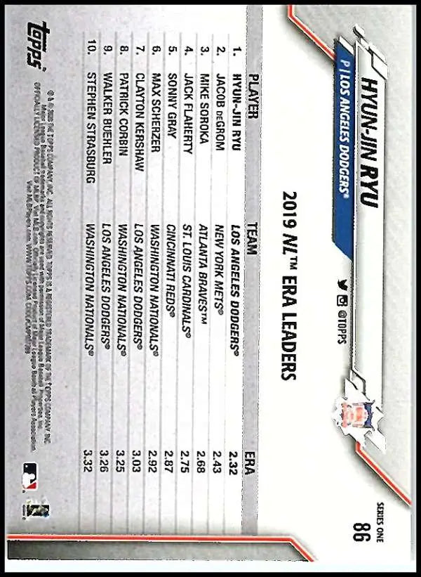 2020 Topps #86 Hyun-Jin Ryu NM-MT Los Angeles Dodgers Baseball Card - Baseball Card Single