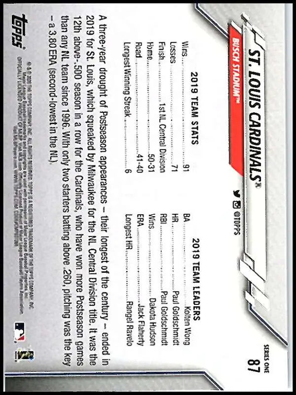 2020 Topps #87 St. Louis Cardinals NM-MT Baseball Card - Baseball Card Single
