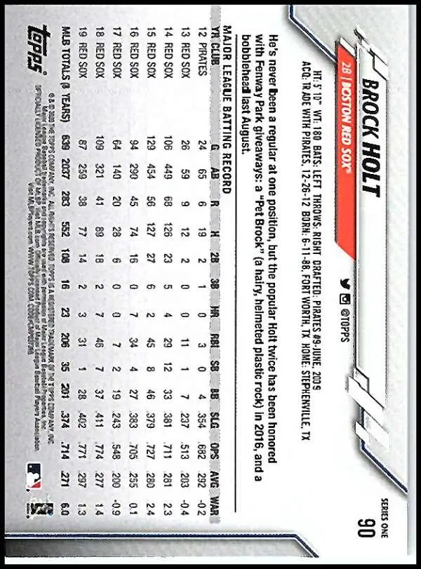2020 Topps #90 Brock Holt NM-MT Boston Red Sox Baseball Card - Baseball Card Single