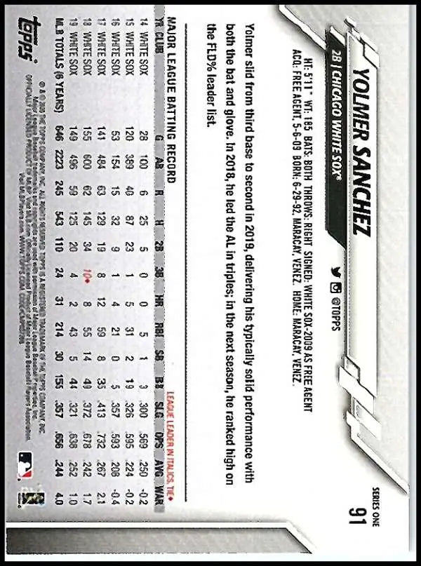 2020 Topps #91 Yolmer Sanchez NM-MT Chicago White Sox Baseball Card - Baseball Card Single