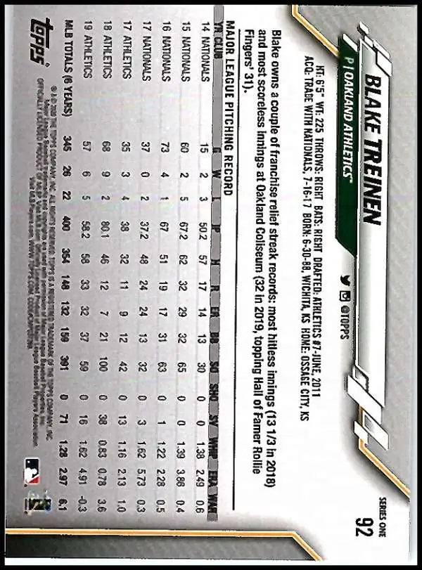 2020 Topps #92 Blake Treinen NM-MT Oakland Athletics Baseball Card - Baseball Card Single