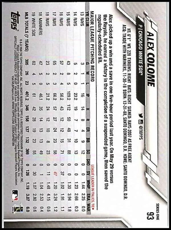 2020 Topps #93 Alex Colome NM-MT Chicago White Sox Baseball Card - Baseball Card Single