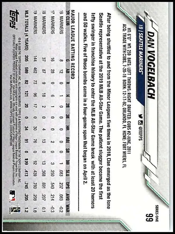 2020 Topps #99 Dan Vogelbach NM-MT Seattle Mariners Baseball Card - Baseball Card Single