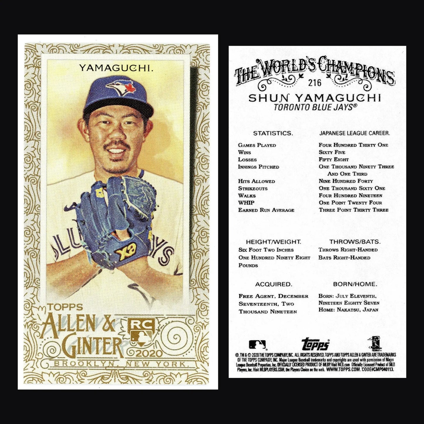 2020 Topps Allen & Ginter #216 Shun Yamaguchi Mini RC Toronto Blue Jays - Baseball Card Single