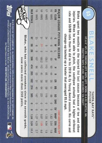 Original gloss on the back of 2020 Topps Big League #65 Blake Snell Rays baseball card