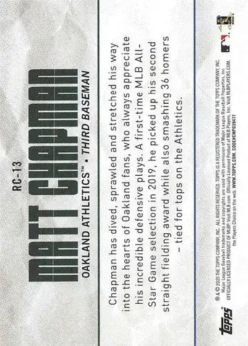 Baseball card back with original gloss from 2020 Topps Big League Roll Call Matt Chapman NM-MT