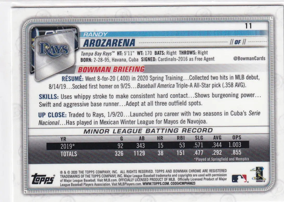 2020 TOPPS BOWMAN CHROME #11 RANDY AROZARENA- TAMPA BAY RAYS - Baseball Card Single