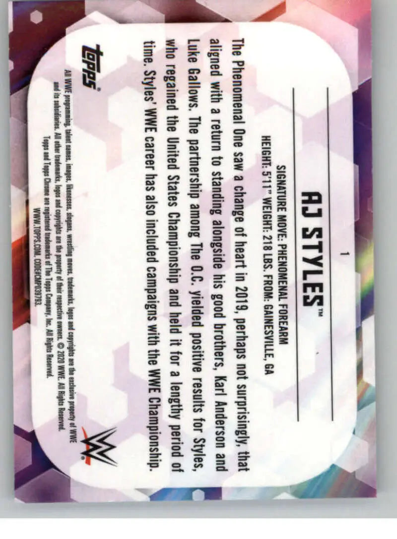 2020 Topps Chrome #1 AJ Styles NM-MT Wrestling Card - Other